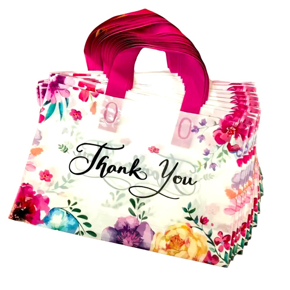 Set of 10 Floral Thank You Gift Bags with Hot Pink Handles